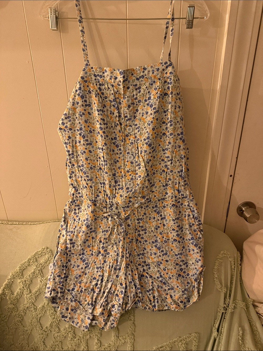 Forever 21 White Floral Spaghetti-Strap Romper with Blue & Yellow Flowers